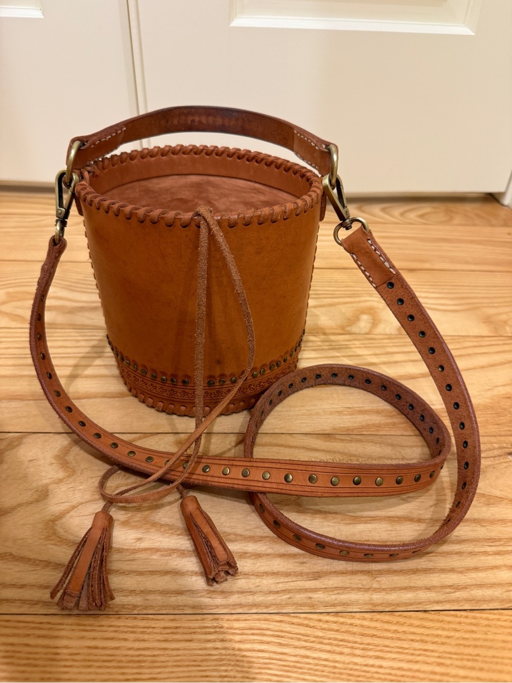 Ulla Johnson Leather Bucket Crossbody Bag in Saddle Brown